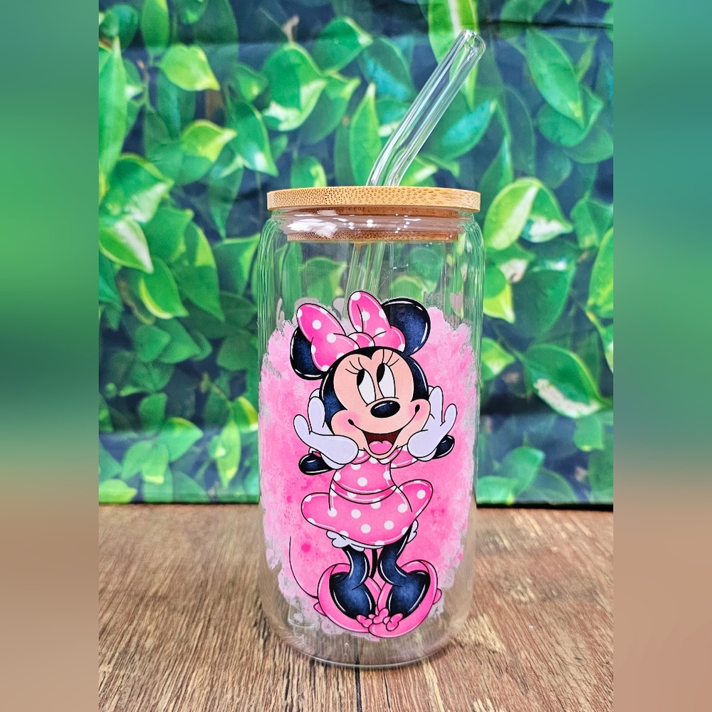 Minnie Mouse Pink Glass Tumbler with Straw
